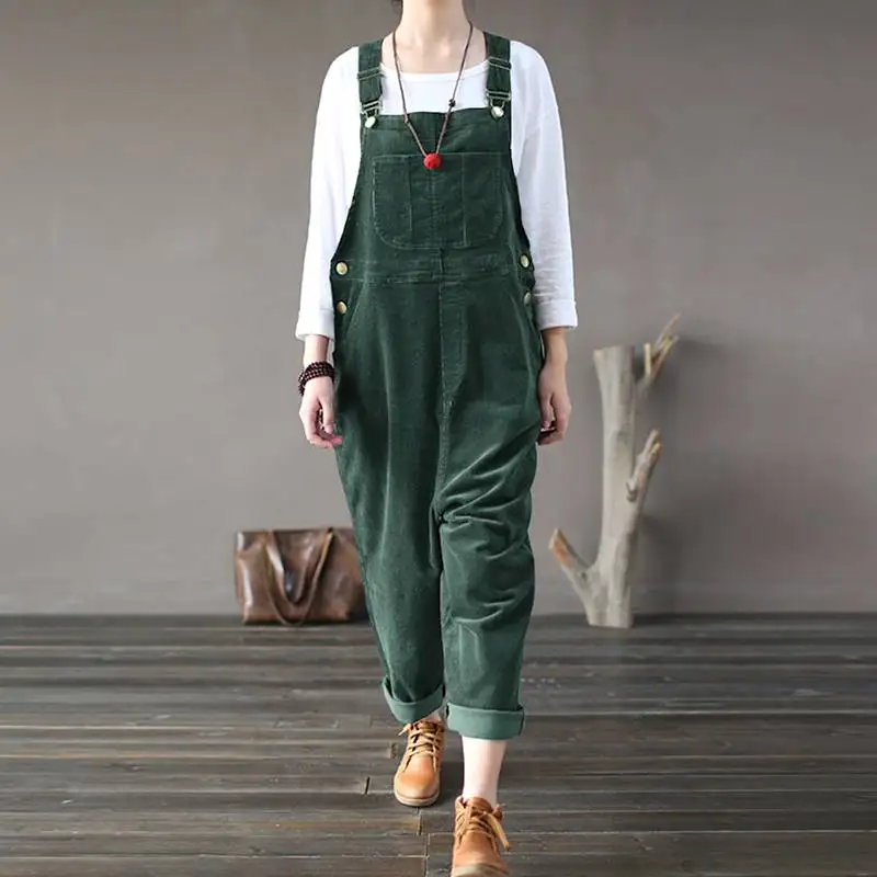 

Kaftan Corduroy Overalls Women's Jumpsuits 2021 Autumn Harem Pants Casual Long Pantalon Palazzo Female Button Rompers Playsuits