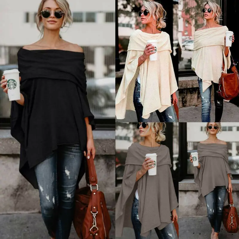 Осенняя Женская Асимметричная накидка с открытыми плечами пончо пуловер женский