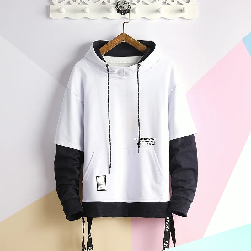 

Spring Autumn Men's Flase Two Piece Hoodies With Big Pocket Hooded Cotton Stretchy Breathable Casual Fashion Male Pullover