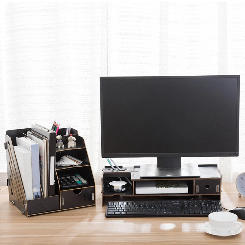 Деревянный Настольный органайзер книжная полка коробка для хранения с выдвижным