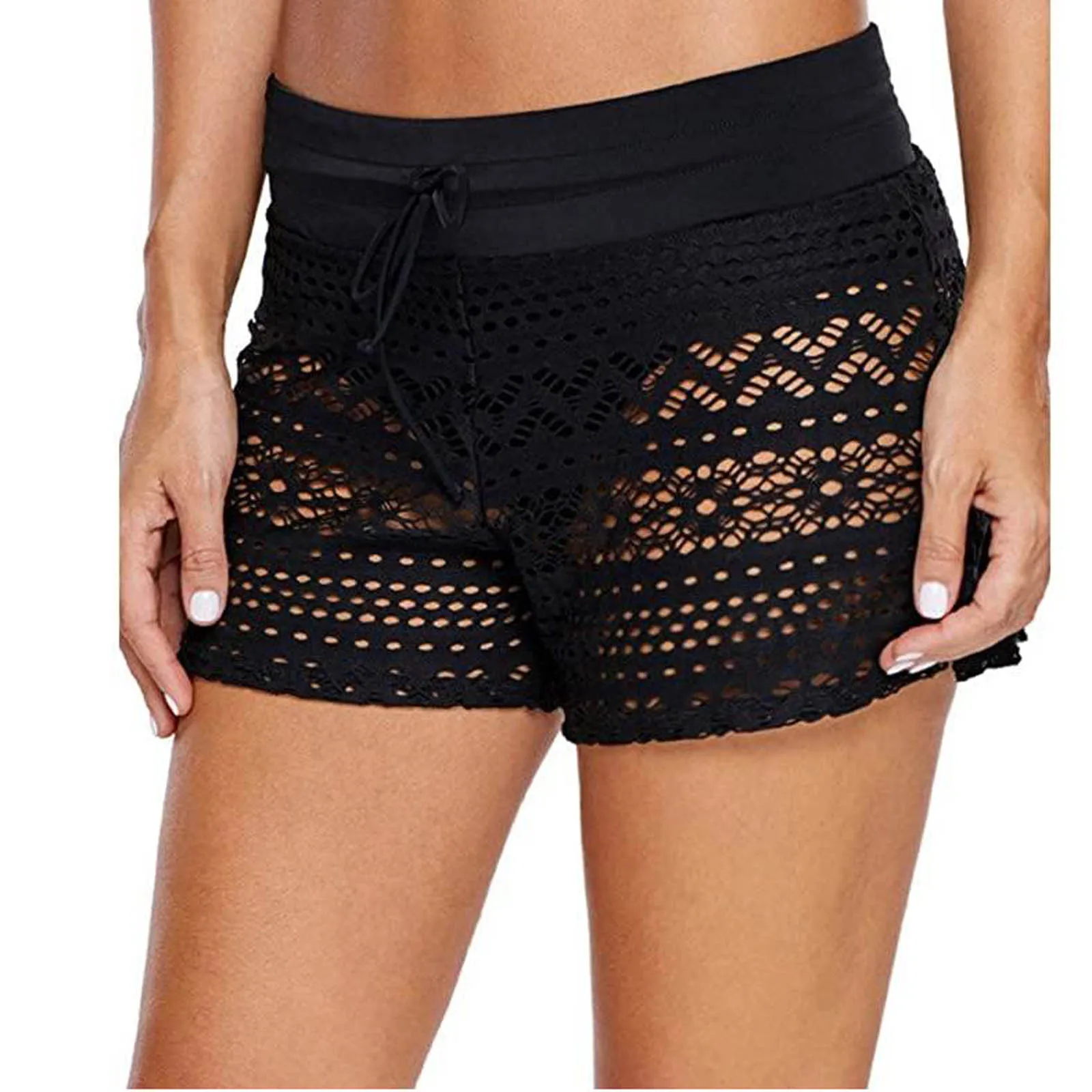 

Summer Women Fashion Sexy Swimming Shorts Solid Color Lace Hollow-Out Drawstring Middle Waist Short Pants Black
