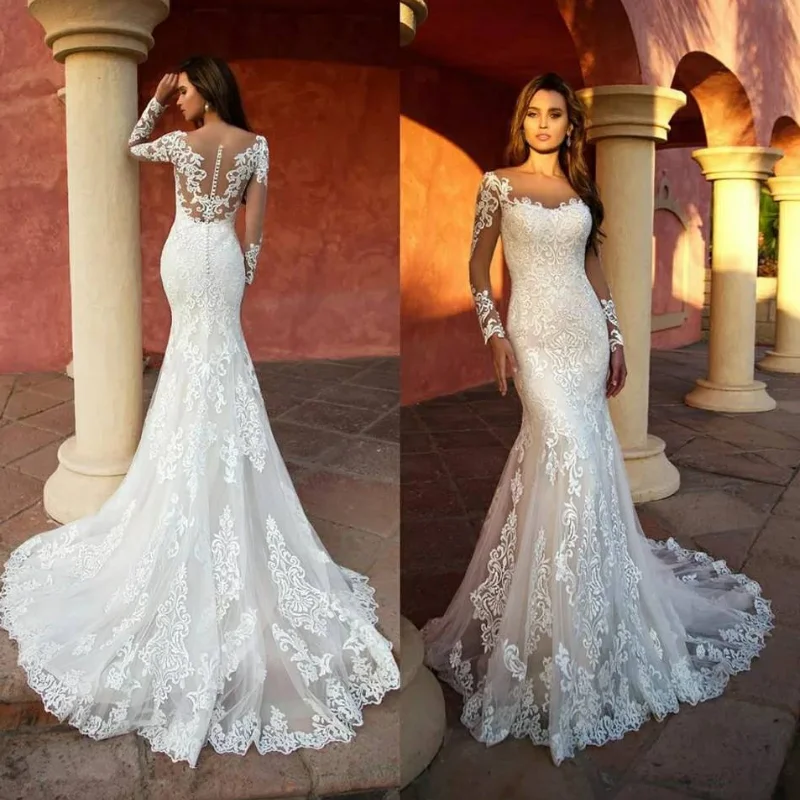 

Lace White Mermaid Wedding Dresses 2021 Long Sleeves Appliques Sexy V-Neck Vintage Long Bridal Gown Robe De Mariage Custom Made