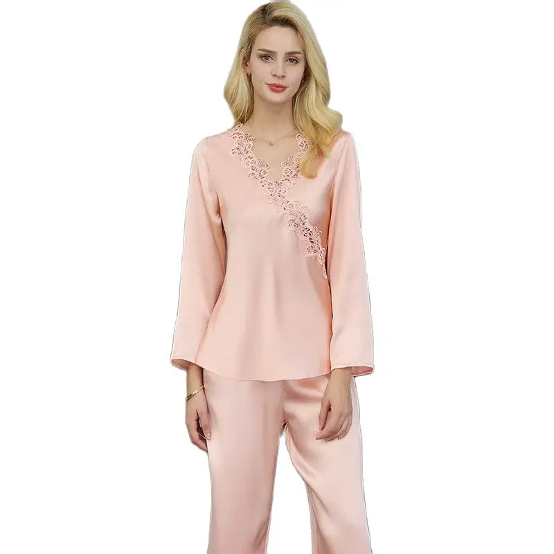 T77173 New Fashion silk Sleeping wear two suits spring and summer100% Silk Embroidered household Wear Women Pajama Sets