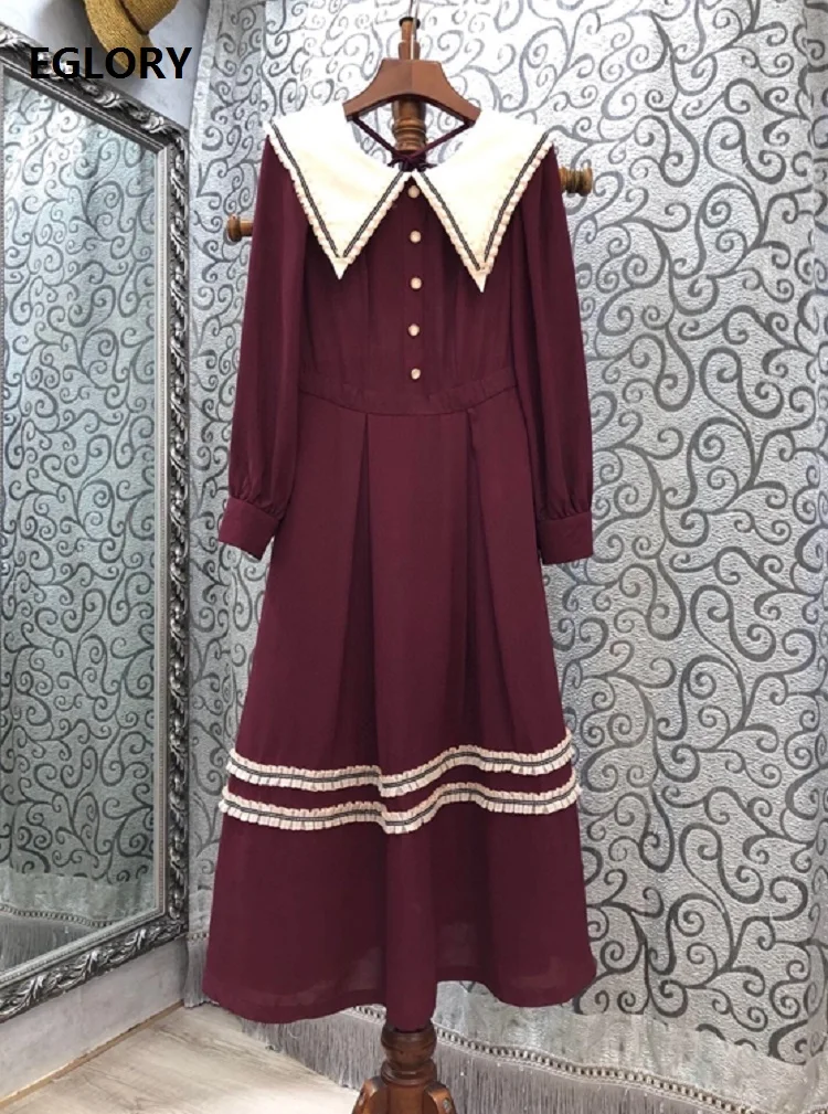 

2020 Autumn Fashion Runway Women's Dress Big Turn-down Collar Color Block Patchwork Long Sleeve Big Swing Wine Red Green Dress