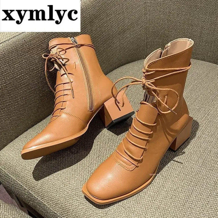 

2020 Elegant Square Toe Shoes Woman Genuine Leather Cross Tied High Heels Ankle Boots For Women Wedding Party Winter Shoes