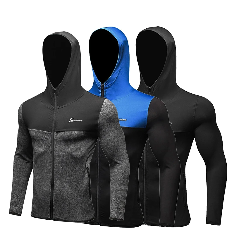 Куртка мужская для бега на молнии с капюшоном спортивная рубашка длинным рукавом