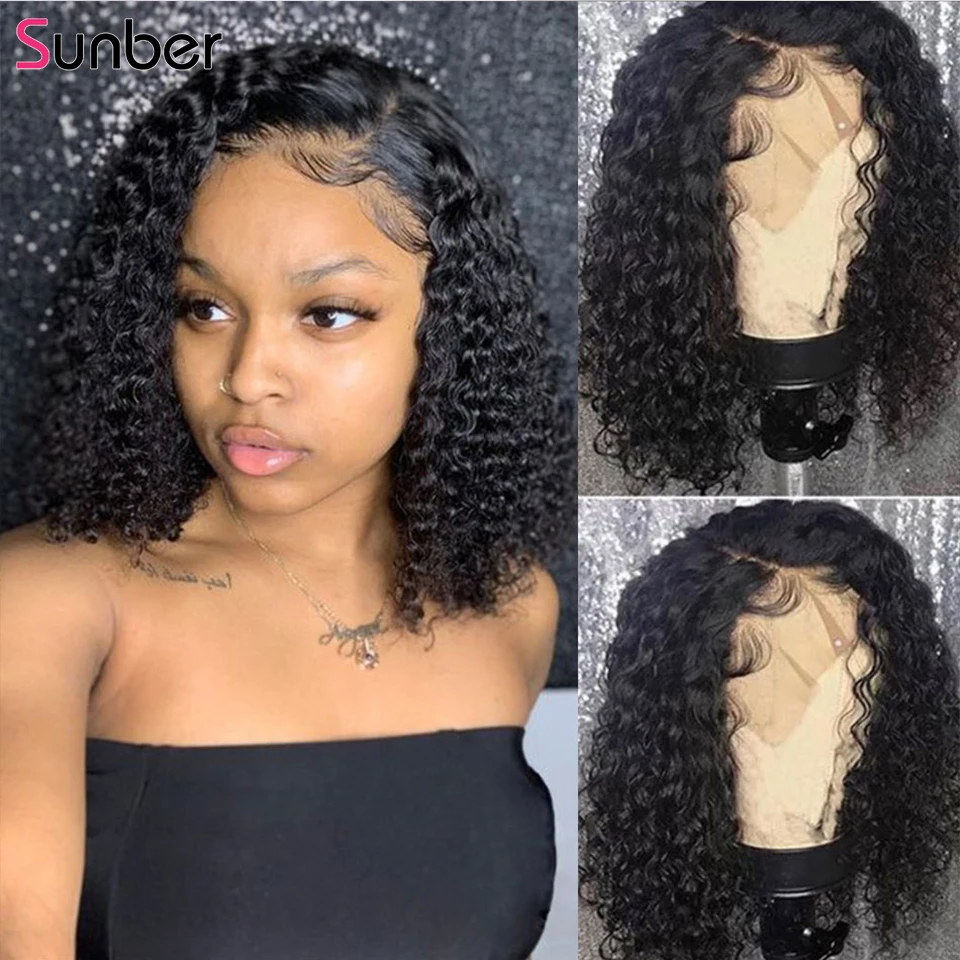 

Sunber Afro Curly Glueless Lace Front Wig Brazilian Remy Hair 13x4 150% Density Pre-plucked Short Bob Natural Wig For Women