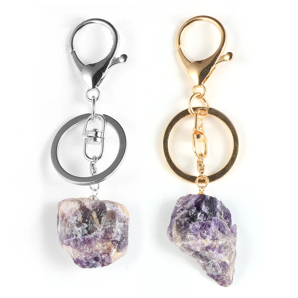 

Women Natural Amethysts Purple Crystal Keyring Irregular Gem Stone Quartz Key Chain Metal Lobster Clasp Key Rings Jewelry