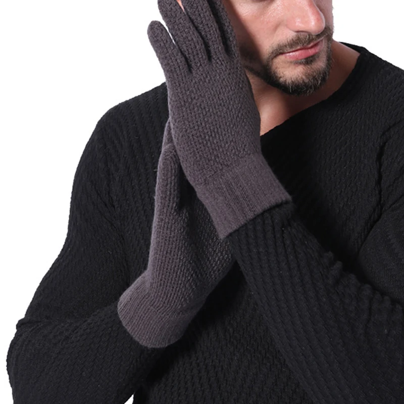 Удобные мужские вязаные перчатки зимние теплые плотные эластичные с пальцами