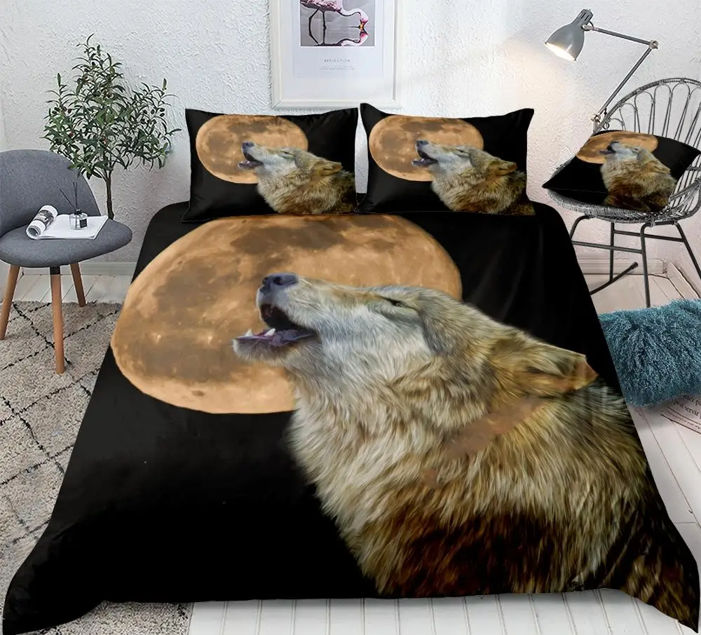 

3D Wolf Duvet Cover Set Animal Bedding Set Yellow Moon Quilt Cover Black Home Textiles Howl Wolf Bed Set Teens 3pcs Dropship