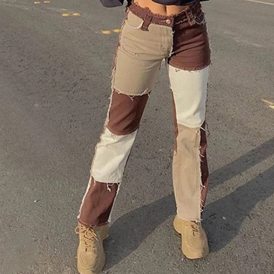 

Sisterlinda Patchwork Distressed Y2K Jeans Women Pant Preppy Style Chic Streetwear Outfit High Waist Straight Denim Trousers2021