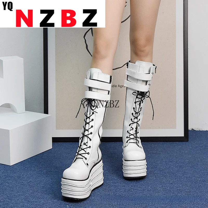 

Women's High Boots 2022 Fall/winter Velcro Zipper Women's Knee-length Knight Boots Round Toe Lace-up Women's Wedge High Heels