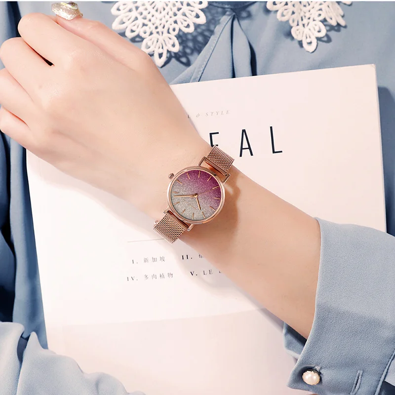 Женские кварцевые часы розовые модные роскошные розовое золото сетка женские