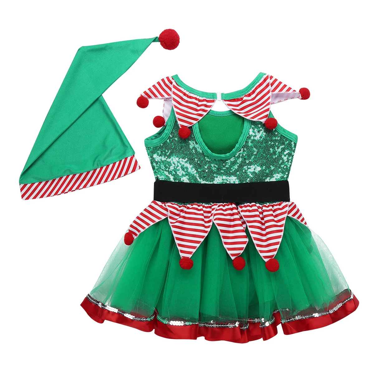 Kids Girls Christmas Xmas Dress Fairy Spirit Costume Dancewear Outfit Sequined Striped Peplum Mesh Tutu Leotard with Hat | Детская