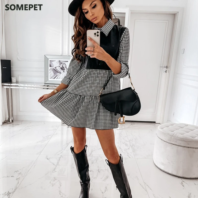

Casual Long Sleeve Mini Shirt Dress For Women White Spring PU Leather Patchwork Plaid Woman Dresses Clothing Femme Robe