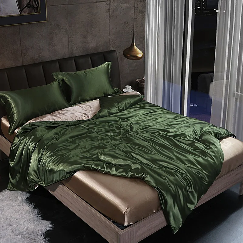 Juego de cama de lujo de seda Mulberry, S&aacute;bana bajera de alta gama, juegos de cama de sat&eacute;n de seda de 100%, suave y liso, colchas de Color s&oacute;lido-3