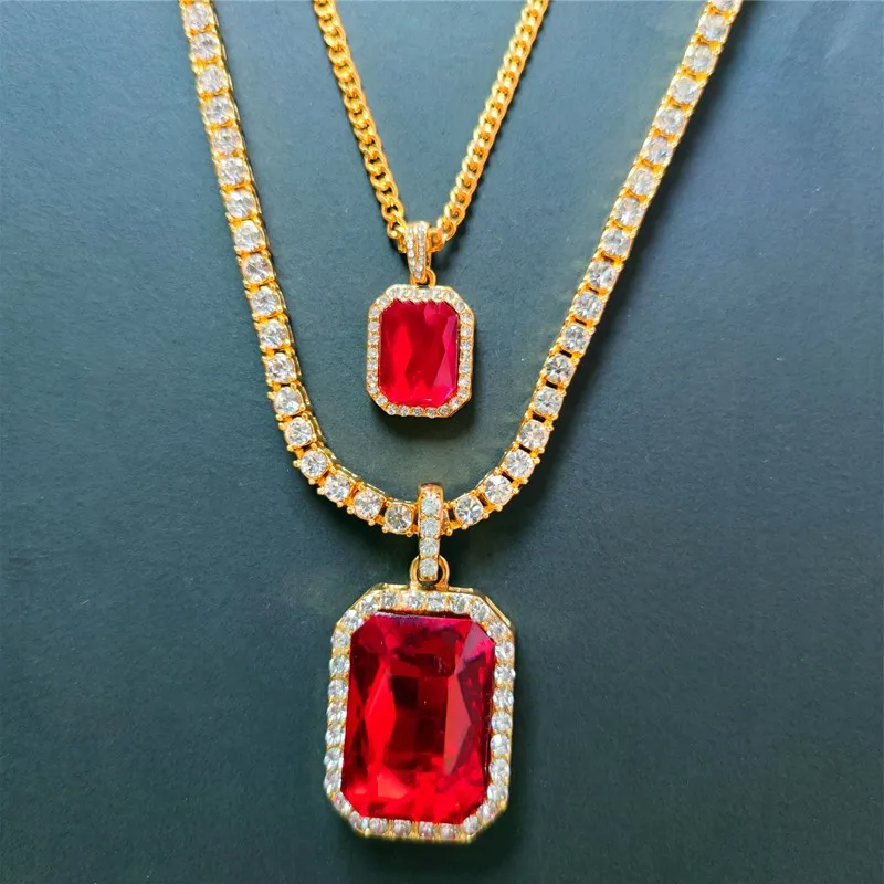 

Necklace +watch Combo Sets Hip Hop Tennis Chain Gold Color Red Stone Iced Out Crystal Cz Bling Chinese New Year Jewelry For Men