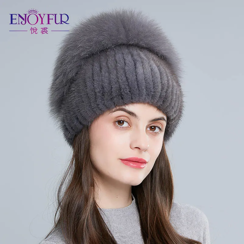 Enjoyfur норки Мех Шапки для Для женщин Натуральный мех зимние Стразы высокое