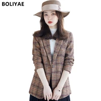 boliyae 2021 autumn and winter suit coat women fashion tweed plaid jacket female casual long sleeve blazer outerwear chic tops