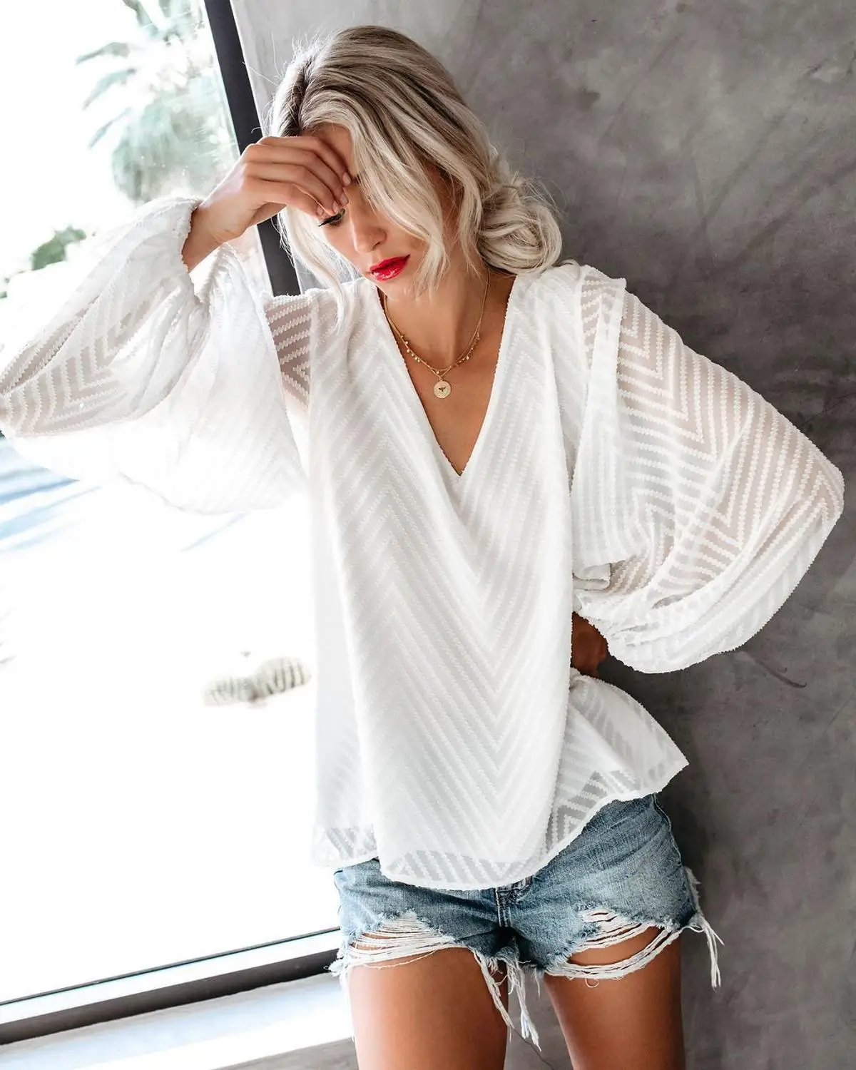 Осенняя однотонная женская рубашка с v образным вырезом Топ длинным рукавом