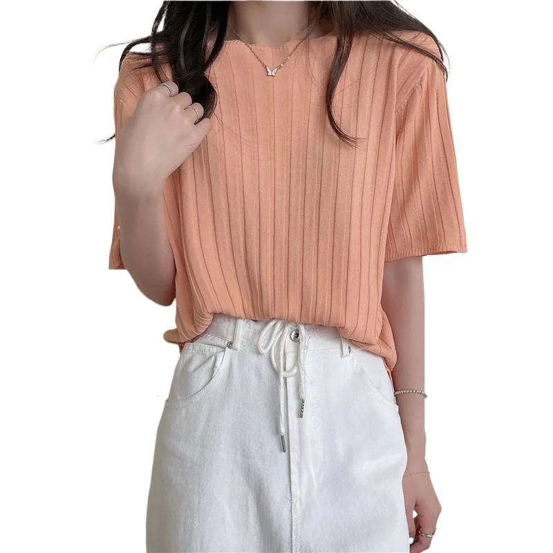 

8 Colors Korean Style Women Summer O-neck Short Sleeve Knitted Pullover Casual Female Solid Color Loose Knit T-shirt Femme Tops