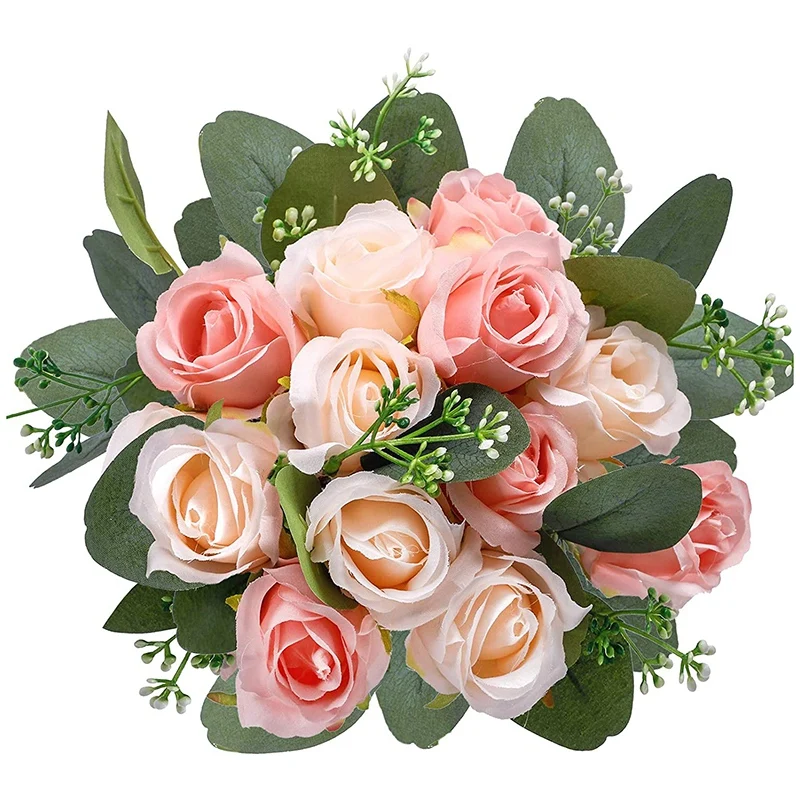 

17 шт., искусственные розы, 12 шелковых цветов, 5 искусственных листьев эвкалипта, оптом, для свадебной вечеринки