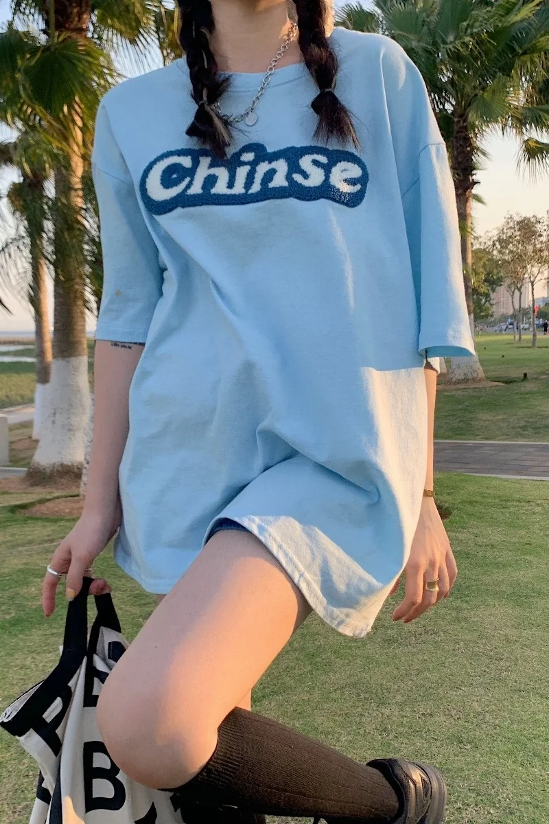 Дизайнерская футболка средней длины Синяя Женская одежда свободная летняя с