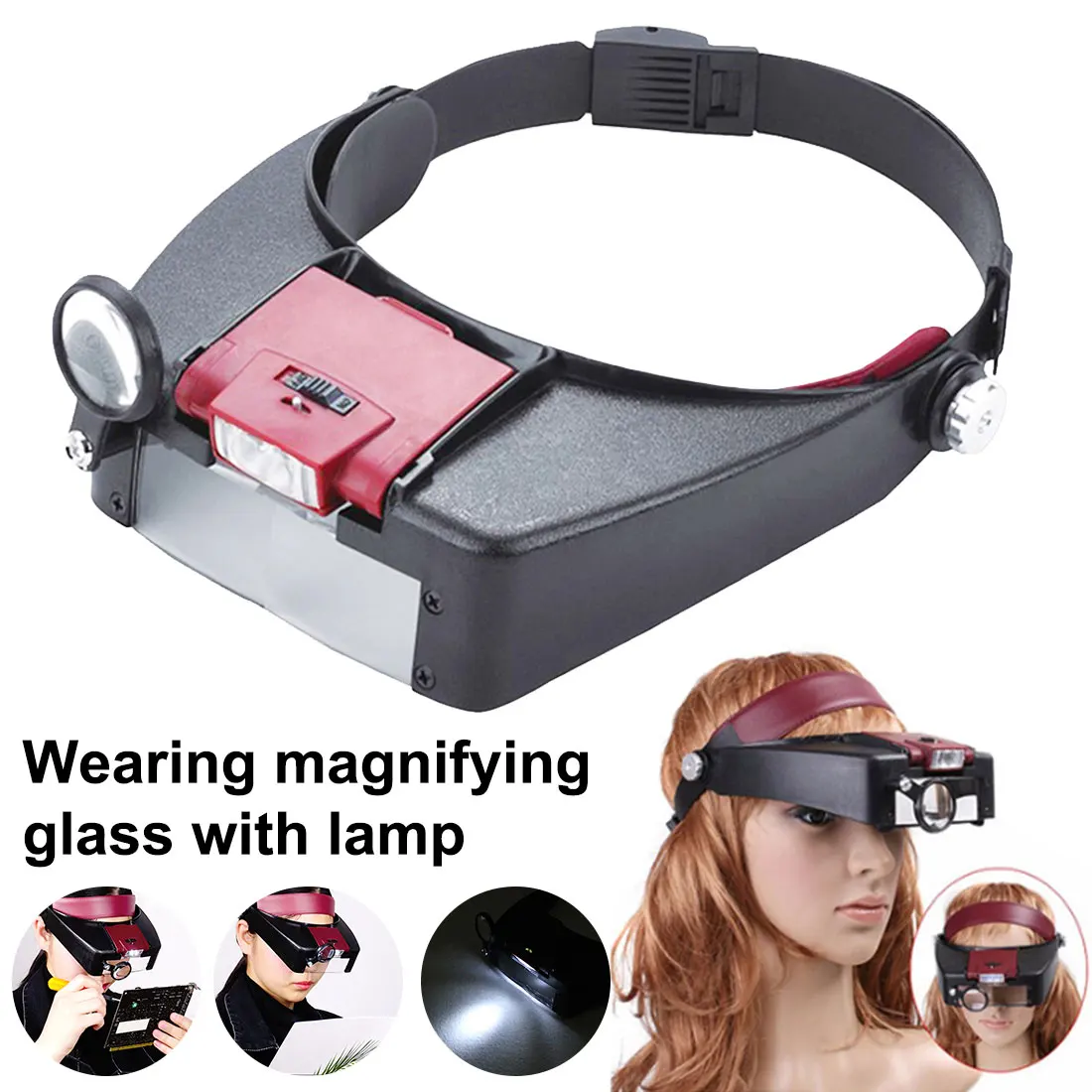 

Head Wear Magnifier Adjustable Size Headband Magnifying Lenses Repair Work Light LED Light Head Lamp High Transparency Lenses
