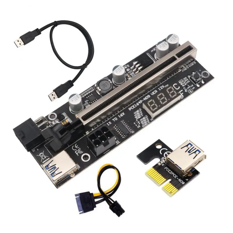 

PCIE Riser 009S Plus Riser PCI E PCI Express X1 To X16 Dual 6Pin For Graphic Card GPU Bitcoin Miner Mining W/ Temperature Sensor