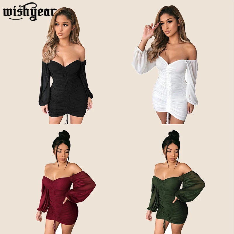 

2020 Women Spring Mini Dress Full Sleeve Sexy Mesh Hollow Out Night Club Party Bandage Drawstring Bodycon Street Dresses