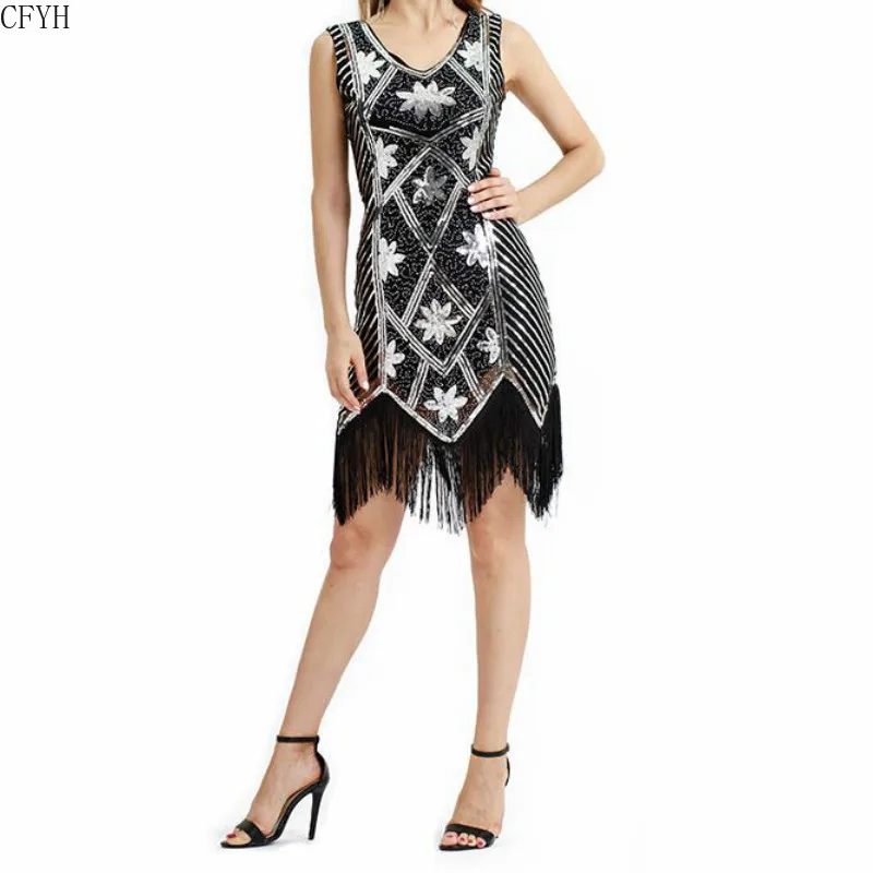 Женское блестящее платье флапер винтажное с кисточками и золотыми сетками