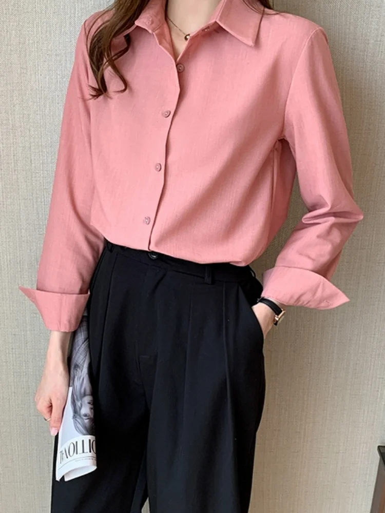 

Women's Blouse Lapel Comfortable Fashion Tops Casual Summer Shirt Solid Color New Long-sleeved Tops Houthion