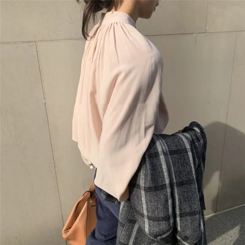 

Korean Women Clothing 2020 Elegant Pink Top Button Loose Long-Sleeved Shirt Chiffon Casual Spliced Solid Stand Puff Sleeve 0703