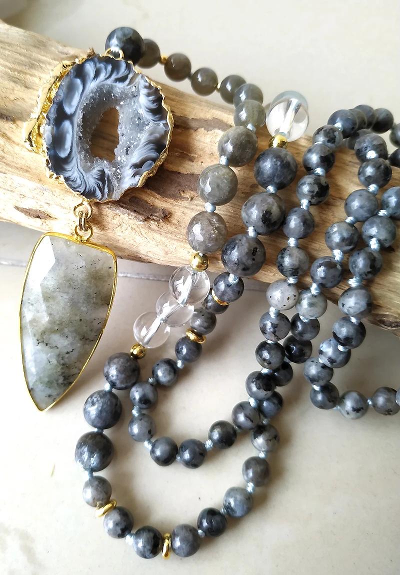 YA2791 Geode Agat e кулон из Лабрадорита камень Черные искусственные бусины узел ручная