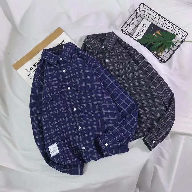 

2021 Fashion Men Plaid Shirt Chic Checked Blouse Long Sleeve Mens Casual Print Shirts Loose Cotton TopsStreetwear Shirts