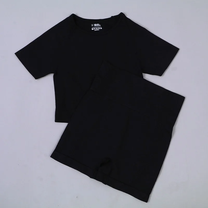 

2PCS Seamless Women Yoga Set Workout Sportswear Gym Clothing Fitness Short Sleeve Crop Top High Waist Leggings Short Suit Outfit