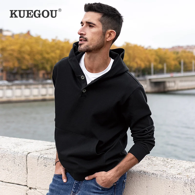 

KUEGOU 2022 Весенняя хлопковая черная толстовка для мужчин простая трендовая дизайнерская уличная винтажная Мужская Толстовка спортивный кост...
