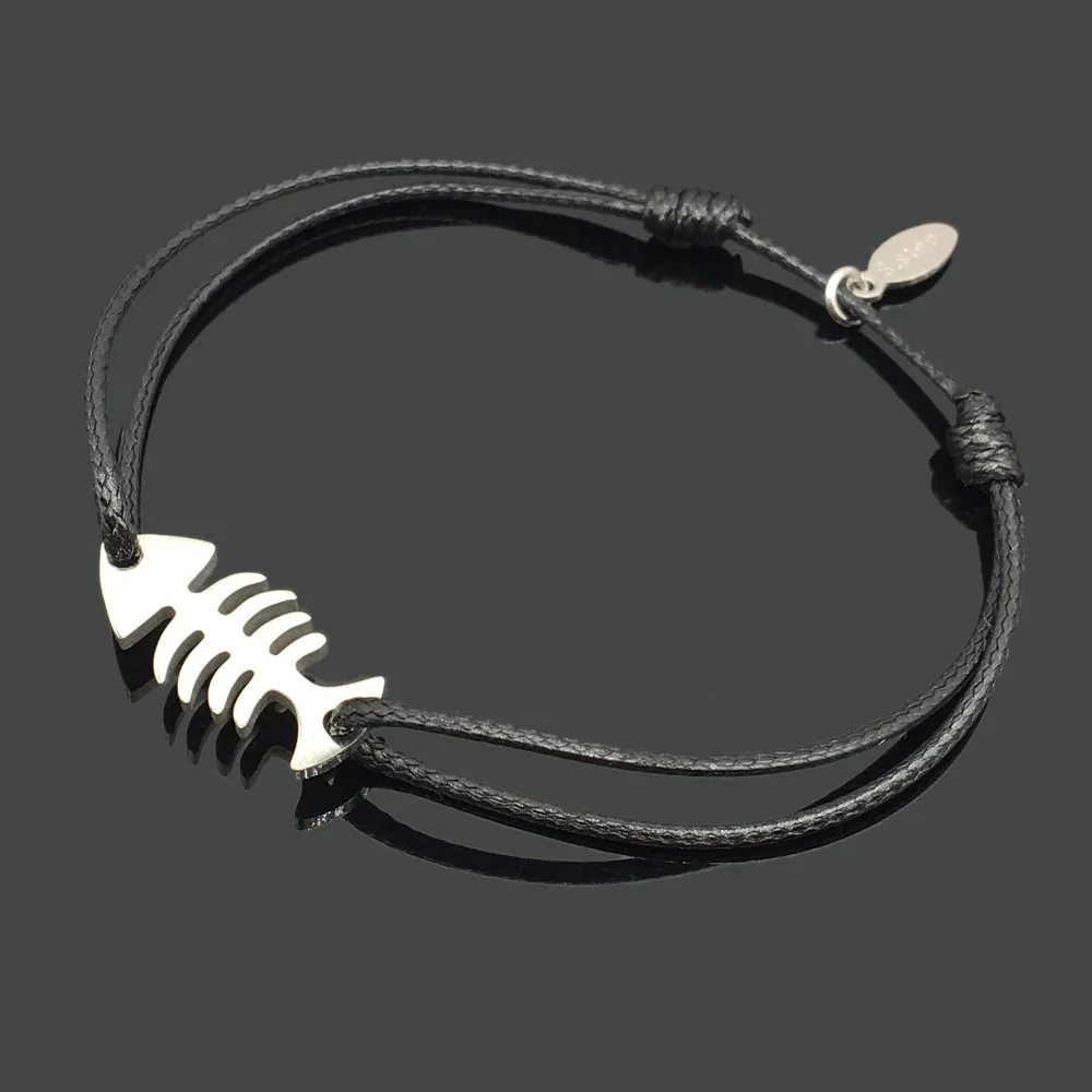 Шарм-браслет из нержавеющей стали в виде рыбьей кости шарм пожелание шнур рыбка