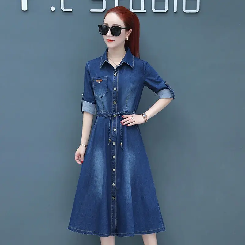 

Женское Элегантное однобортное платье с карманами, женское винтажное прямое джинсовое платье с поясом и тонкой талией, A86