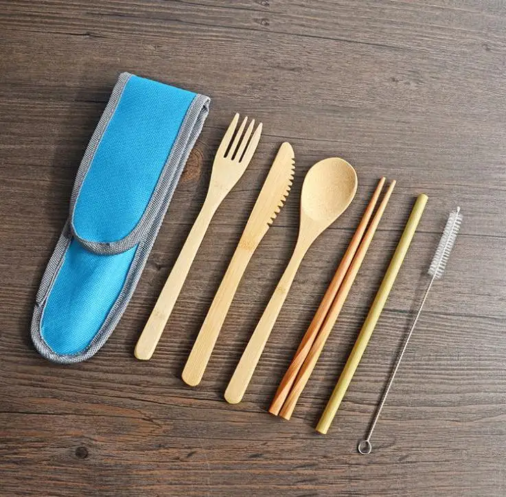 

100sets Bamboo Cutlery Set Reusable Picnic Outdoor Flatware Set Travel Utensils Straw Spoon Knife Fork Spoon Brush Wholesale