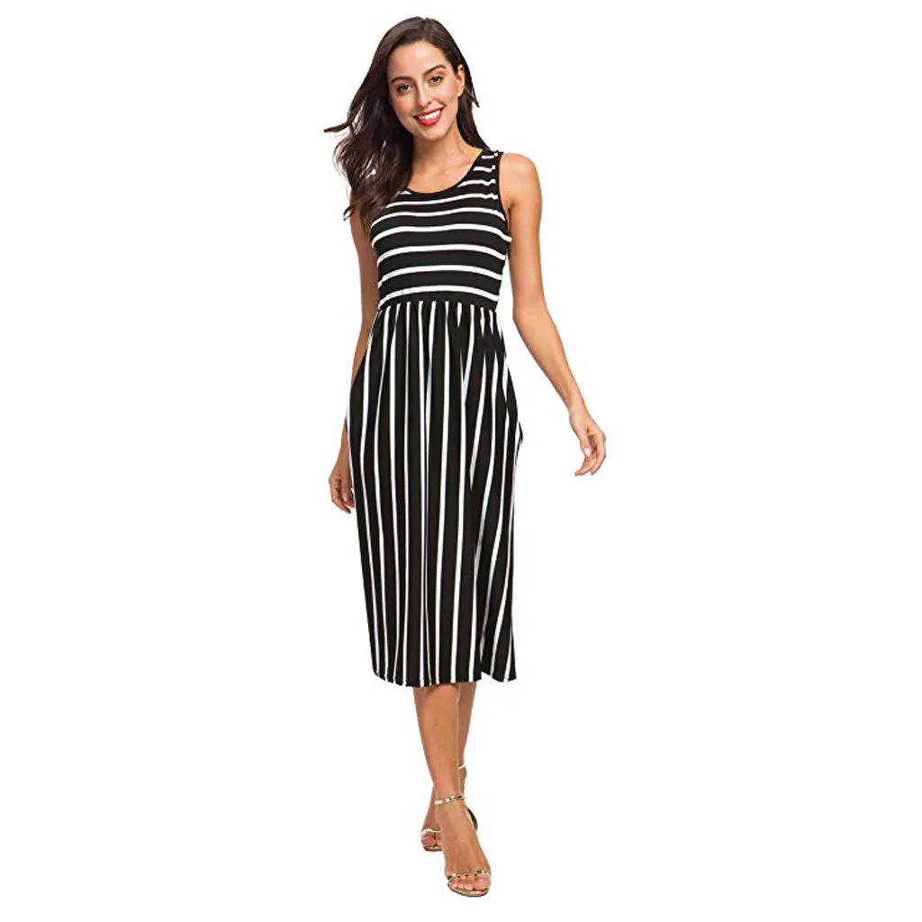 

Retro Striped Dress for Women 2019 Autumn V Neck Casual High Waist Pleated Striped Summer Sleeveless Pockets Midi Dress Z503