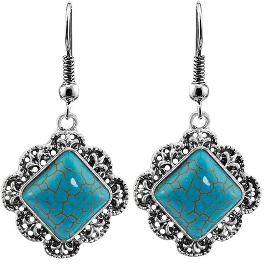 

Trendy Silver Plated Green Turquoises Stone Rhombus Shape Drop Earrings Geometric Jewelry