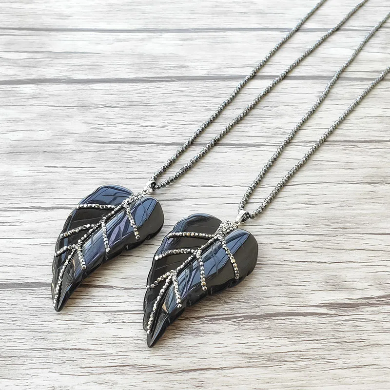 5Pcs Hematite beads necklace,obsidian stone leaf shape charm Pendant rhinestone crystal pave For Women Jewelry NK517