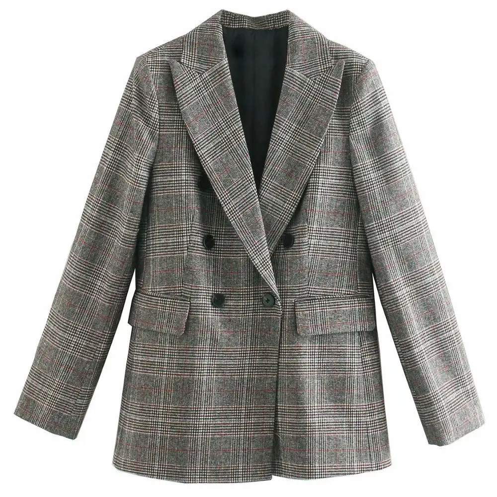 Женский двубортный блейзер в британском стиле повседневный офисный клетку ретро