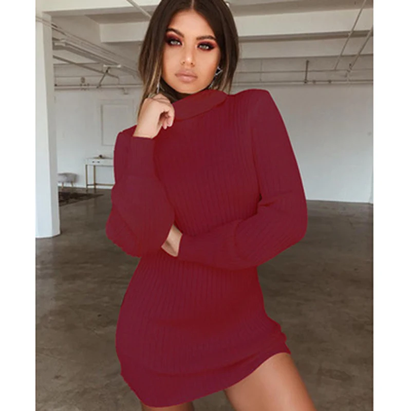 

Women Turtleneck Slim Knitted Solid Wool Mini Dresses Fashion Ladies Basic Long Sleeve Winter Autumn Warm Dresses