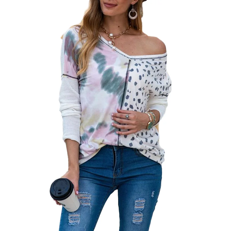 

Summer V Neck Print Tie Print Woman Tshirt Long Sleeve Womens Clothing Y0930A