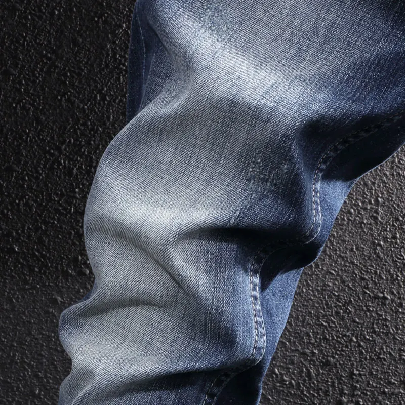 European Vintage Fashion Men Jeans Retro Blue Elastic Slim Fit Designer Jeans Men Italian Style Casual Plain Cotton Denim Pants