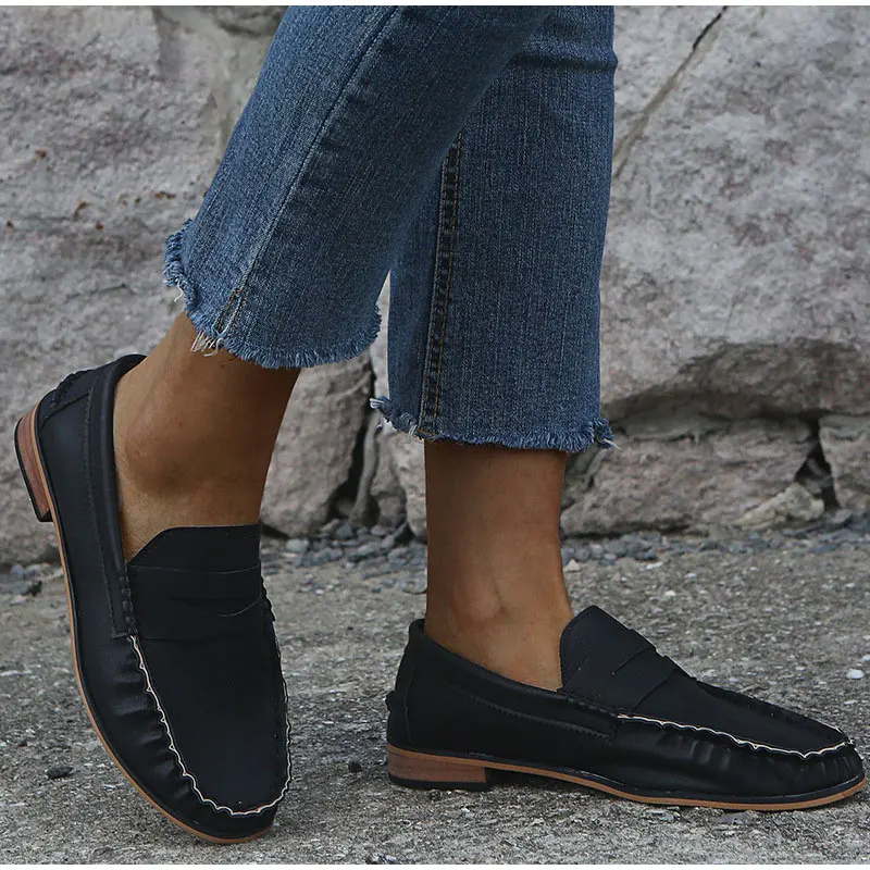 

Spring Women Vintage Pu Leather Casual Sneakers Woman Shoes Slip On Sewing Flat Female Solid Platform Shoes 35-43 Ladies Walking