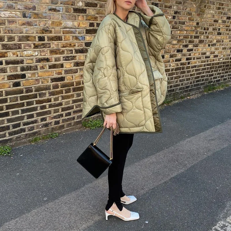 

Oversized Parka Women Casual Geometric Printed Long Sleeve Collarless Puffer Jacket High Street Loose Overcoat 2021 New