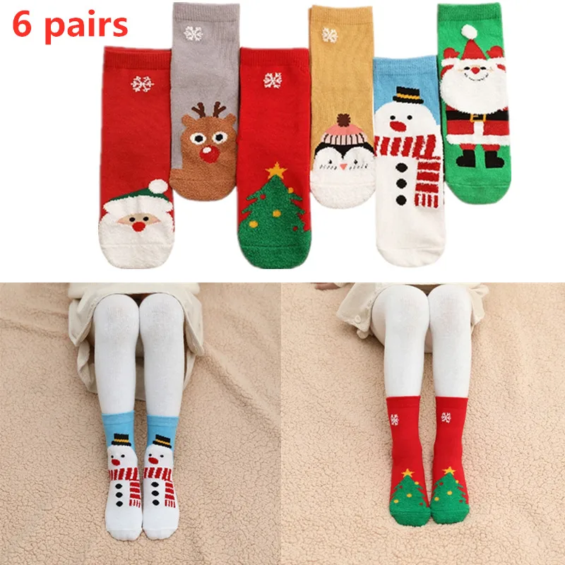 

KLV 6 Pairs Christmas Children Stockings Middle Tube Xmas Winter Cotton Warm Sox Socks for Kids Boys Girls